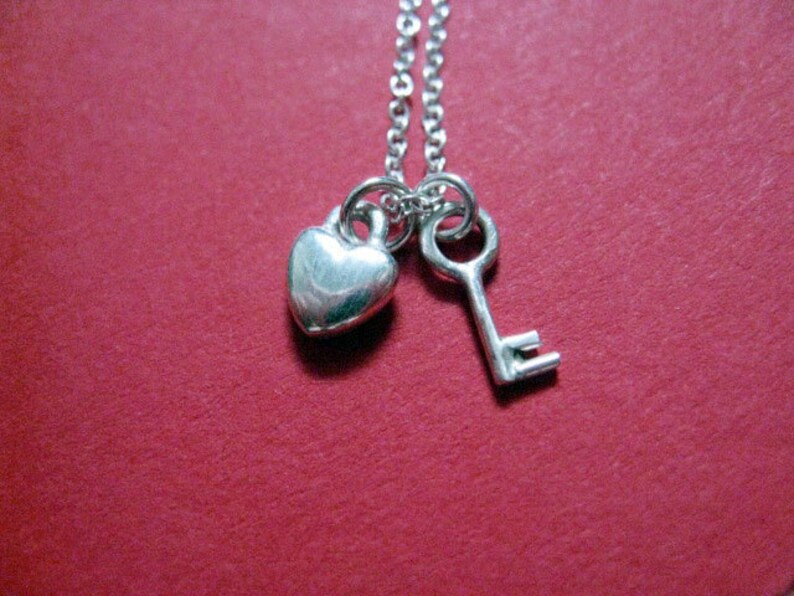 Tiny Heart and Key Charm Necklace Sterling Silver image 1