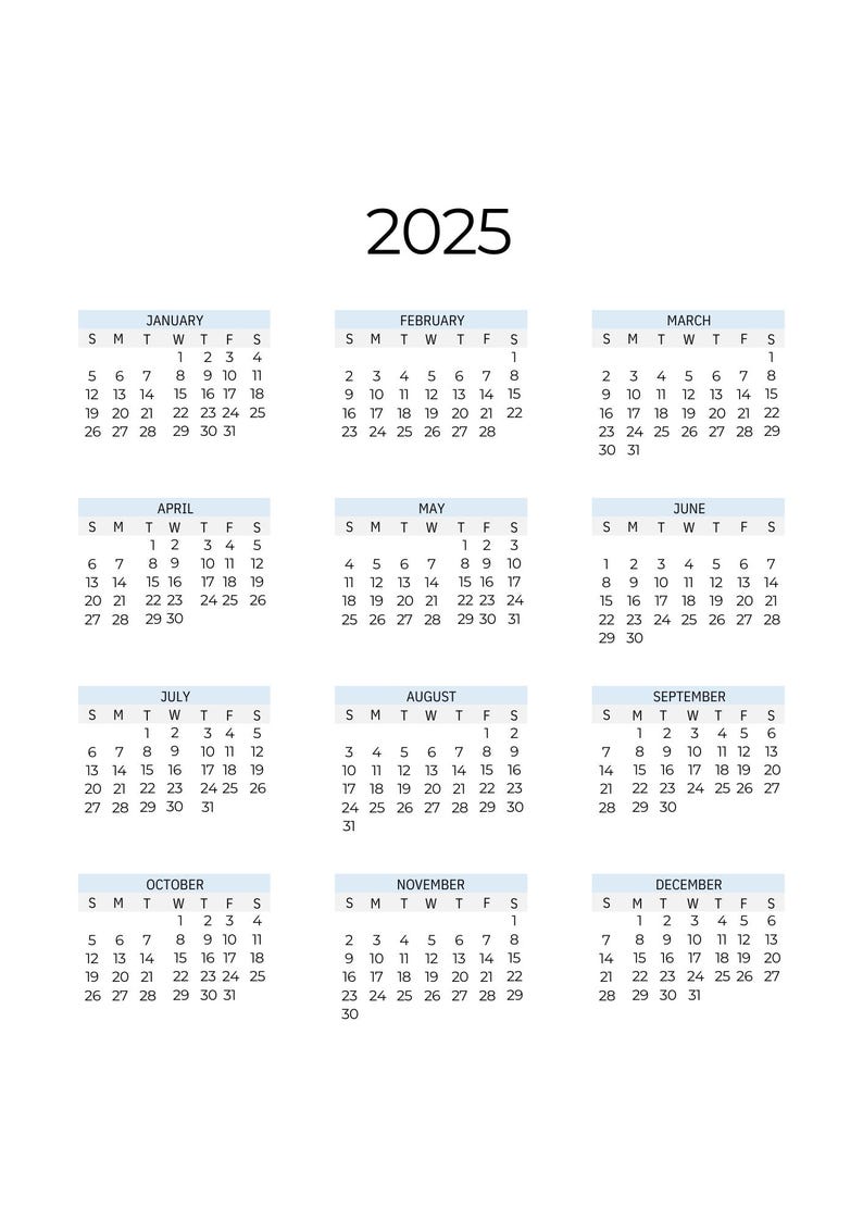 2025 Year Calendar Printable Landscape Portrait Minimalist Calendar