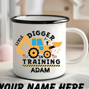 Personalized Kids Enamel Mug with Name Digger Contruction Vehicle Christmas Kids Camping Gift Custom Birthday Present Little Digger Training