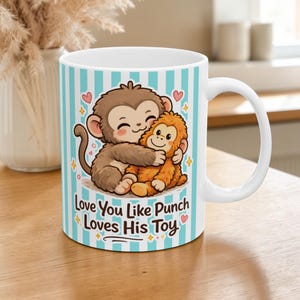 Punch Monkey Mug, Striped Viral Baby Macaque Hugging Plush Ceramic Coffee Cup