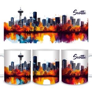 Seattle Watercolor Coffee Mug with Seattle skyline Cup Urban Design Souvenir Perfect Gift for Travel Lovers and travel Enthusiasts