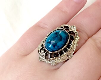 Vintage 1970s Big Large Statement Faux Fake Turquoise Oval Cabochon Silver Tone Filigree Adjustable Band Ring