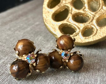 Vintage 1950s Faux Tiger Eye Three Round Bead Cluster AB Aurora Borealis Crystal Gold Tone Prong Clip on Earrings