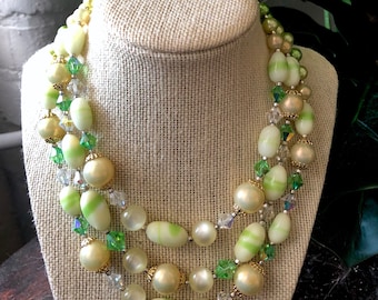 Vintage 1950 Signed Japan Triple Multi Strand Glass Bead Mint Green Gold Tone Aurora Borealis AB Crystal Faux Pearl Necklace Extender