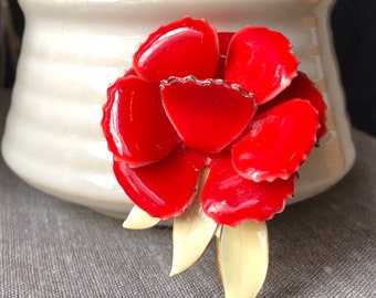 Vintage 1960s Red Yellow Metal Enamel Rose Flower w/ Leaves Brooch Pin