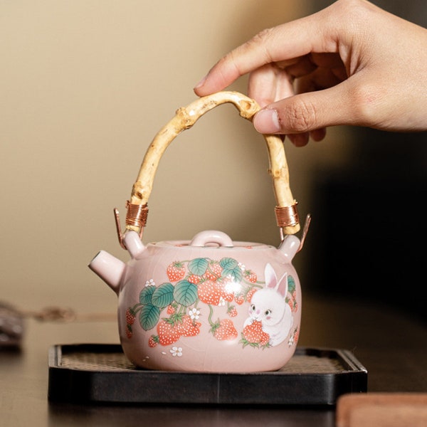 Retro pink Ru kiln women's handle kettle | Retro split teapot | Kung Fu tea set | Ceramic teapot | handle kettle