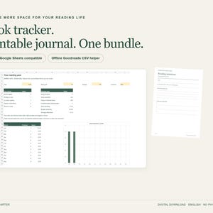 May include: A digital book tracker and printable journal bundle featuring a spreadsheet interface with reading statistics, charts, and a separate reading session log page. The text reads: A little more space for your reading life. Book tracker. Printable journal. One bundle.