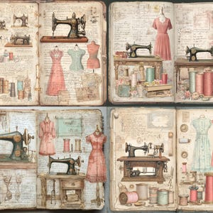 May include: Vintage-style illustrations of sewing machines, dresses, and spools of thread fill the pages of an open book. The color palette includes soft pinks, greens, and browns, creating a nostalgic and artistic theme. The images evoke a sense of craftsmanship and the art of sewing.
