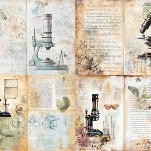 Könnte beinhalten: Eine Collage aus acht Tafeln im Vintage-Stil mit wissenschaftlichen Illustrationen. Die Bilder zeigen detaillierte Mikroskope, handschriftliche Kursivschrift, botanische Skizzen, Glasbecher und einen Schmetterling, alles vor gealterten, sepiafarbenen Papiertexturen.