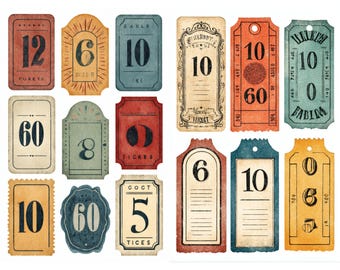 Vintage circus ticket collage sheet retro ephemera bold numbered tickets scrapbooking journaling cutouts antique carnival printables