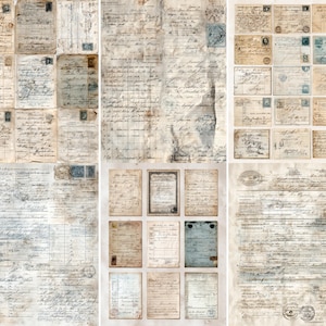 May include: A collection of antique ephemera, featuring aged letters, postcards, and documents. The papers have a distressed, vintage look with faded ink, stamps, and handwritten script. The colour scheme is mainly sepia tones with touches of blue.