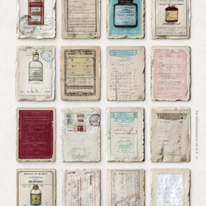 May include: Sixteen aged cards with illustrations of apothecary bottles and handwritten text. The cards have a distressed appearance with torn edges and faded colours, creating a nostalgic aesthetic. The cards are reminiscent of vintage ephemera.