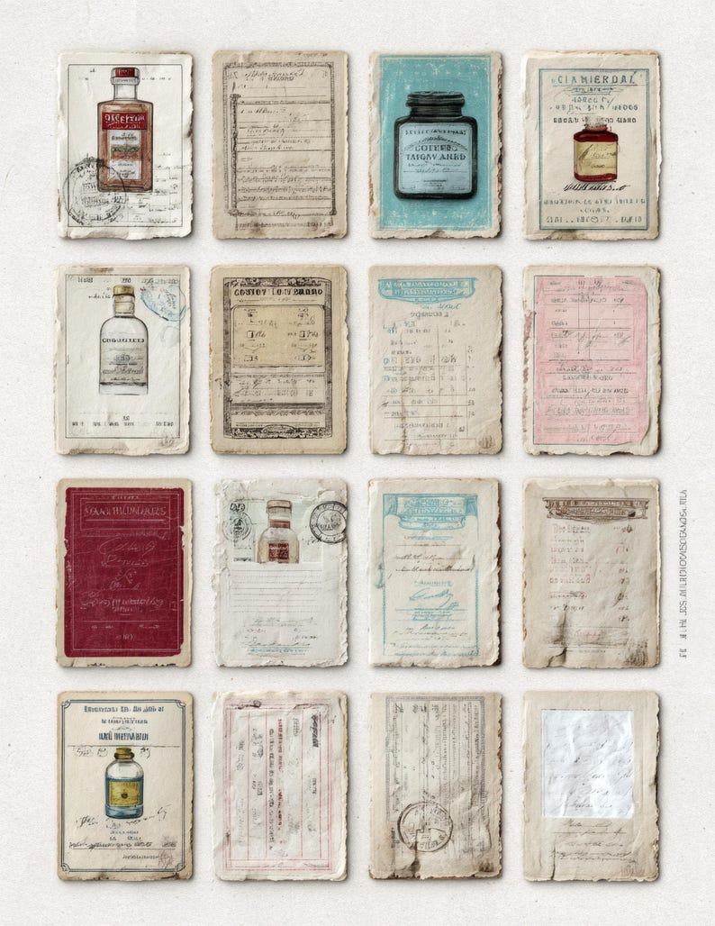 May include: Sixteen aged cards with illustrations of apothecary bottles and handwritten text. The cards have a distressed appearance with torn edges and faded colours, creating a nostalgic aesthetic. The cards are reminiscent of vintage ephemera.