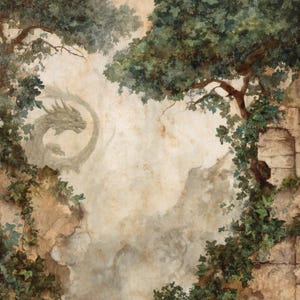 May include: Watercolor painting of a fantasy landscape with trees, ivy, and a dragon silhouette. The artwork features a muted color palette of greens, browns, and beige, creating a vintage aesthetic. The dragon is in the center of the image.