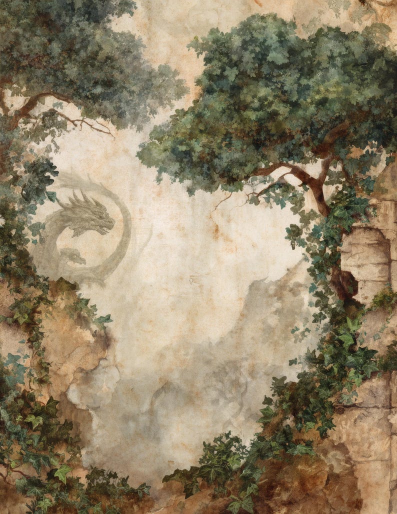 May include: Watercolor painting of a fantasy landscape with trees, ivy, and a dragon silhouette. The artwork features a muted color palette of greens, browns, and beige, creating a vintage aesthetic. The dragon is in the center of the image.