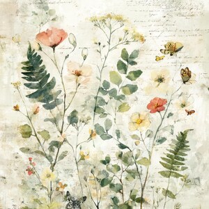 May include: Watercolor painting of wildflowers and butterflies in shades of peach, yellow, and green. The artwork features a variety of floral elements, including poppies and ferns, with delicate butterfly accents. The background has faded script.