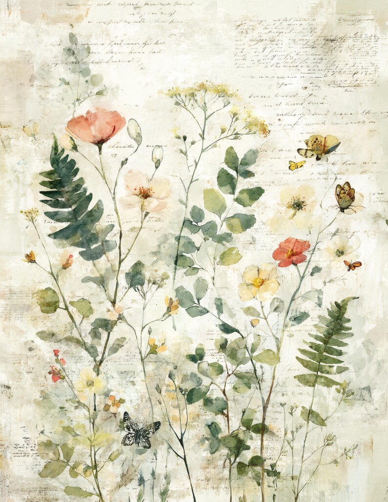 May include: Watercolor painting of wildflowers and butterflies in shades of peach, yellow, and green. The artwork features a variety of floral elements, including poppies and ferns, with delicate butterfly accents. The background has faded script.