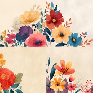 Könnte beinhalten: Aquarell-Blumenarrangement mit einer Vielzahl farbenfroher Blumen in Rot-, Gelb-, Lila- und Blautönen. Die Blumen sind in einem Eckdesign mit grünen Blättern und Stielen auf cremefarbenem Hintergrund angeordnet.