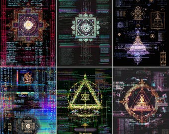 52 páginas budistas con fallos, páginas de diario basura de geometría sagrada, paquete de papel de collage ritual digital, imprimible para álbum de recortes cibernético, descarga digital