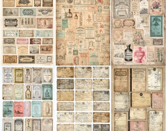 Op de afbeelding: Een collage van vintage ephemera, waaronder labels, tags en ansichtkaarten. De items hebben verouderde papiertexturen, vervaagde kleuren en antieke ontwerpen. De collectie bevat botanische illustraties, handgeschreven tekst en decoratieve randen.