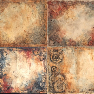 Könnte beinhalten: Vierteiliges Kunstwerk mit Steampunk-Thema. Jedes Panel zeigt einen strukturierten, gealterten Hintergrund in Braun-, Orange- und Rottönen. Aufwendige Zahnrad- und Uhrdesigns rahmen die Ränder ein und erzeugen eine Vintage- und industrielle Ästhetik. Das Kunstwerk hat einen Aquarelleffekt.