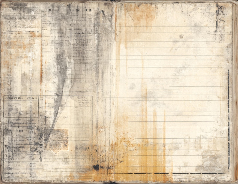May include: An open book with aged, textured pages. The left page displays faded text and forms, with dark smudges and stains. The right page has horizontal lines, suggesting a notebook or journal. The overall aesthetic is vintage and worn.