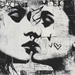 May include: Monochrome mixed media artwork depicting two faces in a kiss. The image has a collage effect with newspaper clippings and handwritten notes. A heart and check marks are drawn on the right side.