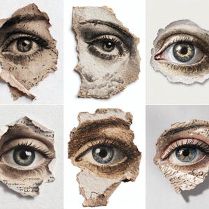 Op de afbeelding: Een verzameling van zes artistieke weergaven van ogen, elk getekend op gescheurde stukken verouderd papier. De ogen tonen verschillende kleuren en stijlen, van gedetailleerde potloodschetsen tot levendige aquareleffecten, waardoor een collage-achtige esthetiek ontstaat.