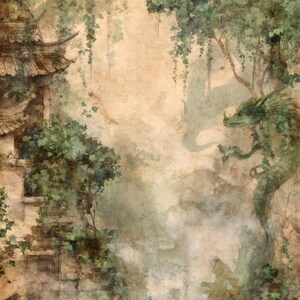 May include: An artistic illustration of an Asian-style pagoda and a green dragon amidst lush greenery. The artwork features a muted color palette with shades of green, brown, and beige, creating a serene and mystical atmosphere. The dragon is intricately detailed.