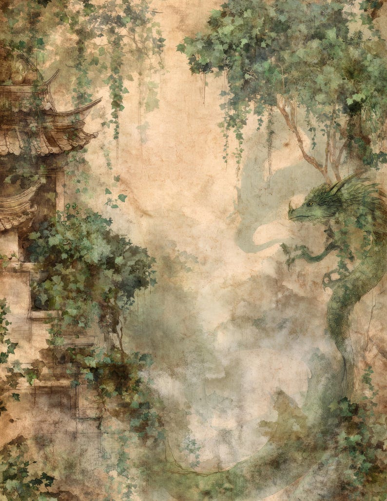 May include: An artistic illustration of an Asian-style pagoda and a green dragon amidst lush greenery. The artwork features a muted color palette with shades of green, brown, and beige, creating a serene and mystical atmosphere. The dragon is intricately detailed.