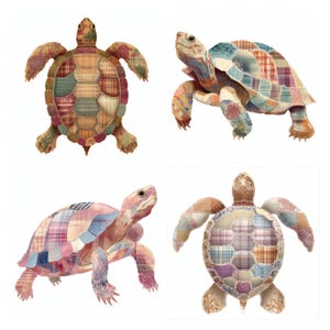 May include: Four illustrations of turtles featuring patchwork designs. Two turtles are shown from a top-down perspective, and two are shown from a side profile. The shells and skin are composed of various plaid and checkered fabric patterns in muted tones.