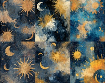Celestial Junk Journal Pages, Mystical Zodiac Printable, Astrology Parchment Paper, Moon & Sun Background, Magical Vintage Scrapbook Kit