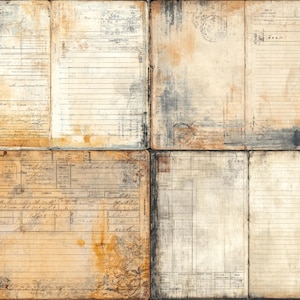 May include: A textured collage of aged paper, showing lined pages, handwritten notes, and faded stamps. The colour palette includes warm browns, creams, and hints of blue, creating a vintage aesthetic. The overall theme suggests a scrapbook or journal.