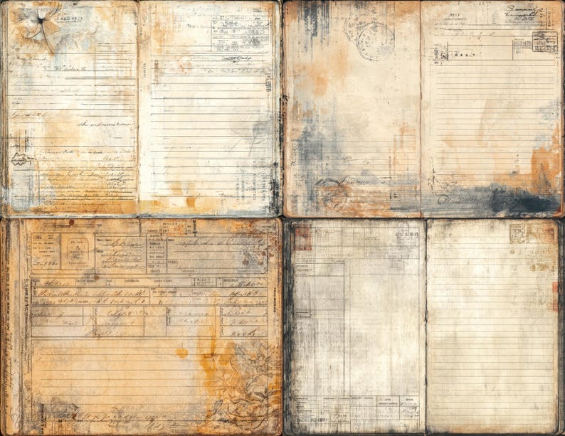 May include: A textured collage of aged paper, showing lined pages, handwritten notes, and faded stamps. The colour palette includes warm browns, creams, and hints of blue, creating a vintage aesthetic. The overall theme suggests a scrapbook or journal.