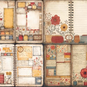 Può includere: Illustrazione ad acquerello di un diario aperto con elementi floreali e botanici. Le pagine presentano fiori, vasi e elementi decorativi. La tavolozza dei colori comprende tonalità rosse, gialle, blu e marroni, creando un'estetica vintage. Il diario è rilegato a spirale.