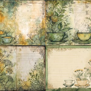 Peut inclure: Illustration à l'aquarelle d'un journal sur le thème du thé. Les pages présentent des tasses à thé, des soucoupes et des compositions florales dans des tons verts, jaunes et bruns. Le journal a une esthétique vintage et botanique.