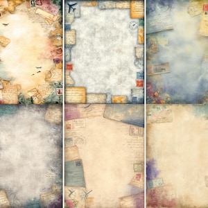 Puede incluir: Una colección de seis diseños de papel de scrapbook de estilo vintage. Cada hoja presenta una estética envejecida única con elementos como mapas, sellos, postales y cartas manuscritas. La paleta de colores incluye tonos cálidos de beige, marrón y toques de azul y morado.