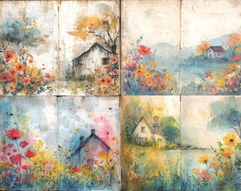 Whimsical Summer Cottage Junk Journal Page Background, Vintage Scrapbook Paper, Printable Journal Kit, Digital Cottagecore Ephemera
