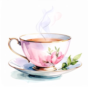 May include: Watercolor illustration of a teacup and saucer set. The teacup is pink and white with gold trim, filled with tea, and adorned with a floral design. Steam rises from the cup, and a sprig of leaves rests on the saucer.