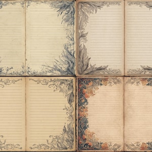 May include: Four open journals with lined pages and ornate floral corner designs. The journals have a vintage aesthetic with a beige background and decorative borders in shades of blue, gray, and orange.