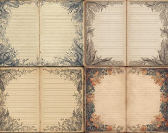 Puede incluir: Cuatro diarios abiertos con páginas rayadas y diseños florales ornamentados en las esquinas. Los diarios tienen una estética vintage con un fondo beige y bordes decorativos en tonos azules, grises y naranjas.
