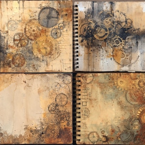May include: Four-panel artwork featuring steampunk-style gears and cogs on aged paper. The artwork uses a palette of browns, tans, and grays, with a spiral binding along the left edge. The gears vary in size and are arranged in a dynamic composition.