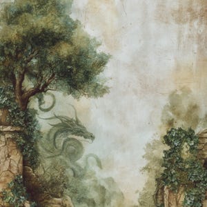 May include: An antique-style painting depicts a green dragon emerging from a misty forest. The artwork features a large tree on the left and stone structures with ivy. The color palette includes shades of green, brown, and beige, creating a vintage aesthetic.