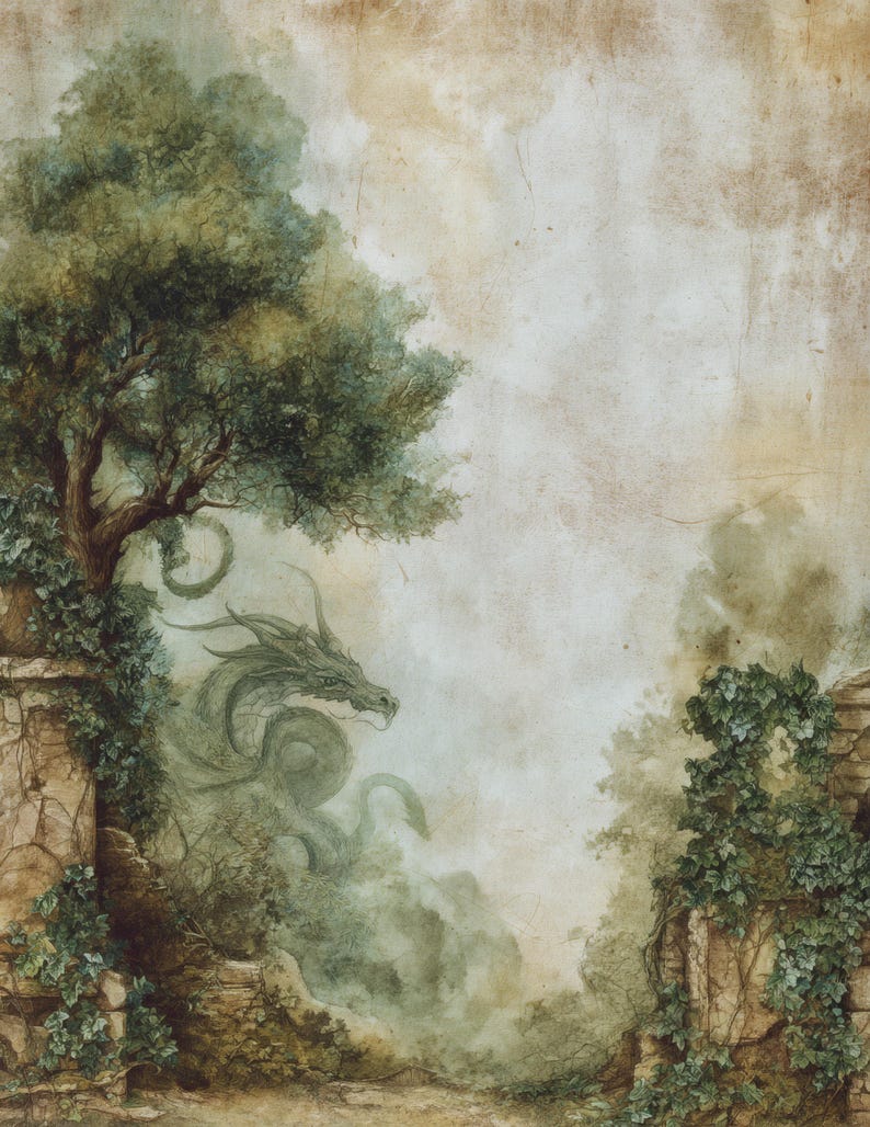 May include: An antique-style painting depicts a green dragon emerging from a misty forest. The artwork features a large tree on the left and stone structures with ivy. The color palette includes shades of green, brown, and beige, creating a vintage aesthetic.