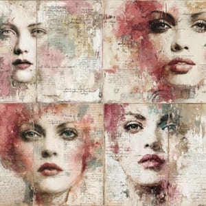 May include: A collage of four panels featuring stylized portraits of women. Each face is painted with soft colors, including pink, beige, and gray, with visible brushstrokes and overlaid with vintage text. The overall aesthetic is artistic and vintage.