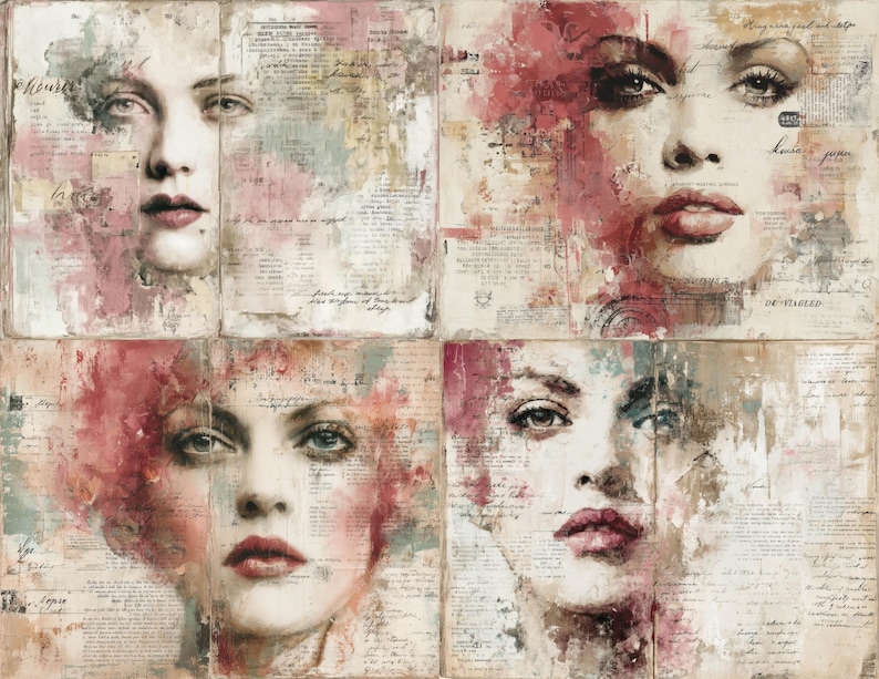 Puede incluir: Una obra de arte de cuatro paneles con retratos de mujeres pintados. Los rostros est&aacute;n representados en suaves tonos rosas, beiges y grises, con pinceladas visibles y texto vintage superpuesto. El estilo es art&iacute;stico y evoca una est&eacute;tica vintage.