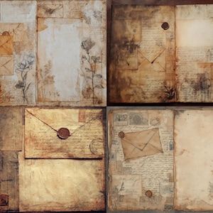 May include: A collage of vintage-style paper elements. The design features aged paper with handwritten script, envelopes sealed with wax, postage stamps, and floral illustrations in sepia tones. The overall aesthetic is reminiscent of antique correspondence.