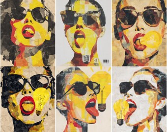 Könnte beinhalten: Eine Collage von sechs Porträts, die Frauen mit Sonnenbrillen und offenem Mund zeigen. Jedes Porträt hat eine gelbe Glühbirne im oder in der Nähe des Mundes. Das Kunstwerk verwendet eine Mischung aus Farben, darunter Gelb, Rot, Schwarz und Weiß.