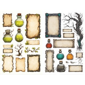 May include: A collection of fantasy-themed digital illustrations featuring potion bottles, blank parchment scrolls, and decorative frames. The bottles contain colorful liquids, and the frames are adorned with vines and ornate details. A whimsical, vintage aesthetic.