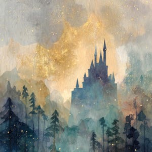 May include: Watercolor painting of a castle silhouette amidst a forest. The artwork features a color palette of blues, greens, and gold, with a dreamy, ethereal quality. The castle is the focal point, set against a backdrop of layered trees and a misty sky.
